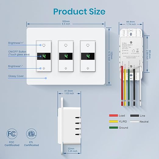 Milfra Smart Dimmer Switch 3Gang Digital Display Single-Pole 3Way Dimmer Smart Switch， 2024 New Model，Works with Siri, Alexa and Google Home，Voice and Remote Control，Neutral Wire Required