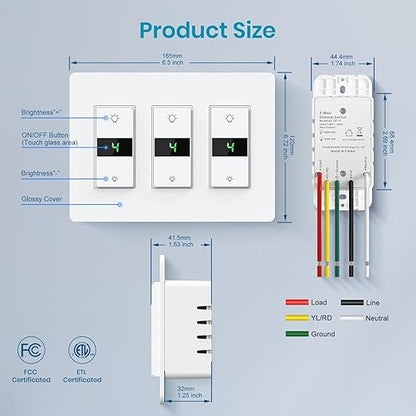 Milfra Smart Dimmer Switch 3Gang Digital Display Single-Pole 3Way Dimmer Smart Switch， 2024 New Model，Works with Siri, Alexa and Google Home，Voice and Remote Control，Neutral Wire Required