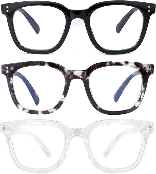 3 Pack Reading Glasses for Men Women Blue Light Blocking with Spring Hinge, Blocking Readers Anti UV Ray Filter Eyeglasses, Square Computer Reader Glasses, Black, +3.5