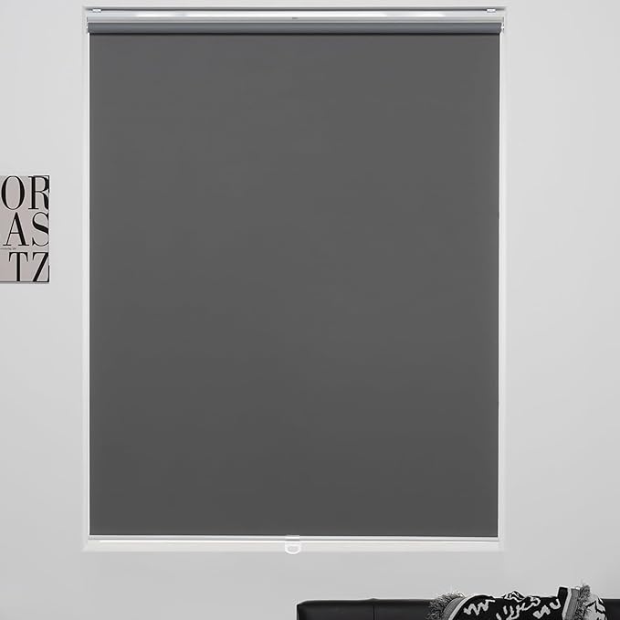 Cordless Roller Shades 100% Blackout Blinds for Windows and Doors, Pull Down Room Darkening Window Shades, Easy to Install for Home and Office, Grey, Fixed 75 Inches High, 36 Inches Width
