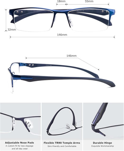 Blue Light Blocking Glasses for Men Semi Rimless Rectangular Computer Glasses Anti Glare UV Gaming Eyeglasses(Trendy Blue Metal Eyeglasses)