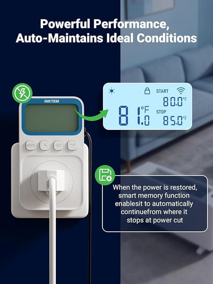 WiFi Temperature Controlled Outlet, Plug in Thermostat Outlet for Space Heater, Duration Timer & Smart Memory Digital Temp Controller, -40℉~212℉, IP67 Waterproof Probe for Incubator, Reptile