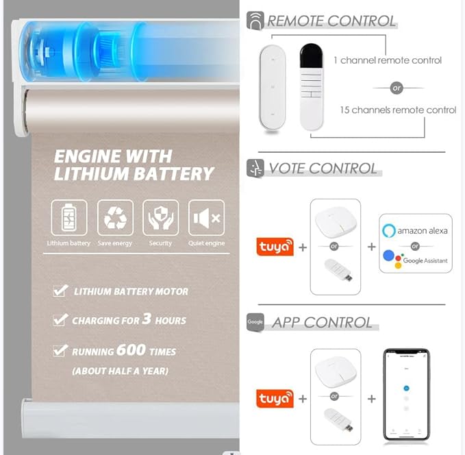Allesin Motorized Roller Shade Blinds Work with Alexa for Window, Blackout Smart Shades Cordless with Remote Control, Electric Automated Blinds, Customized Size, Lithium Battery Motor(Grey Beige)