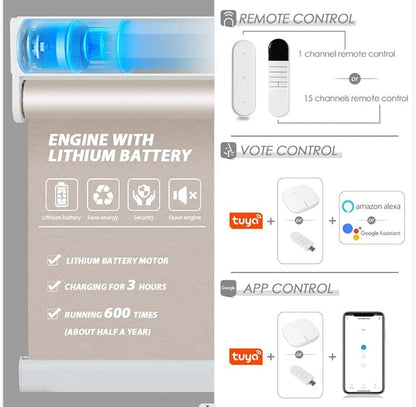 Allesin Motorized Roller Shade Blinds Work with Alexa for Window, Blackout Smart Shades Cordless with Remote Control, Electric Automated Blinds, Customized Size, Lithium Battery Motor(Grey Beige)