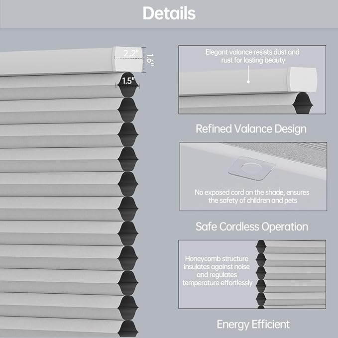 Cellular Shades Blackout Honeycomb Blinds for Indoor Windows, Cordless Cellular Shades 1.5 inch Cell Pleated for Bedroom Home Office, Custom Size, Blackout Pearl