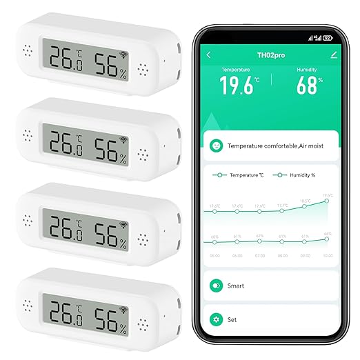 Smart Digital Thermometer Hygrometer, WiFi Indoor Temperature Humidity Sensor with App Alerts, Mini Room Temperature Meter with Data Storage and Export, Compatible with Alexa. 4PCS
