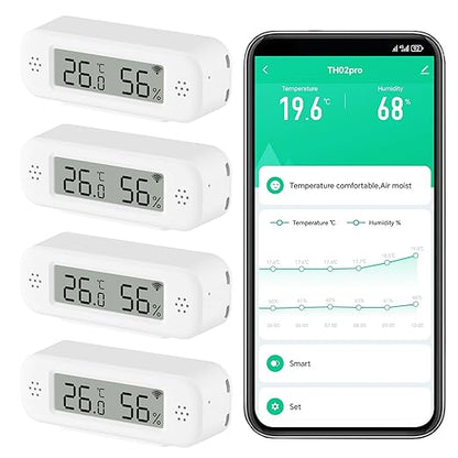 Smart Digital Thermometer Hygrometer, WiFi Indoor Temperature Humidity Sensor with App Alerts, Mini Room Temperature Meter with Data Storage and Export, Compatible with Alexa. 4PCS