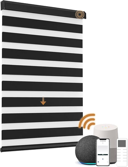 Motorized Zebra Blinds, Cordless Blackout Window Shades with Remote, Custom Dual Layer Smart Roller Shades with Alexa Google Assistant, Automatic Light Filtering Blinds,Luxury Black