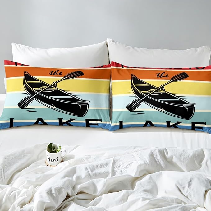 Lake Theme Kids Fitted Sheet Queen Size,Lake House Fishing Camping Boating Adventure Bedding Set,Boys Girls Room Decor,Geometric Stripes Bed Cover,Colorful Bed Sheet,2 Pillowcases(No Top Sheet)