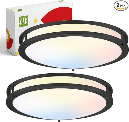 ASD LED 18" Round Flush Mount Lighting, Close to Ceiling Light Fixture | 3CCT, Dimmable, Energy Star, ETL Listed | 28W 2230LM 3000-5000K 120V | Low Profile Double Ring Lamp | Black, 2 Pack