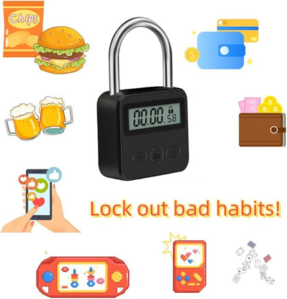 Metal Timer Lock - Electronic Time Padlock with LCD Display - USB Rechargeable (Black)