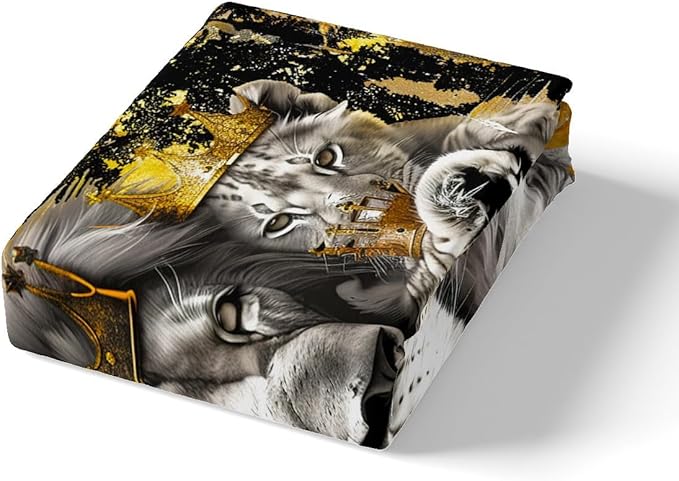 Manfei Lion Family Kids Fitted Sheet Twin Size,Gold King and Queen Crown Bedding Set,Boys Men Room Decor,Tropical Wild African Animal Hunting Adventure Bed Cover,Grey Bed Sheet,1 Pillowcase