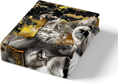 Manfei Lion Family Kids Fitted Sheet Twin Size,Gold King and Queen Crown Bedding Set,Boys Men Room Decor,Tropical Wild African Animal Hunting Adventure Bed Cover,Grey Bed Sheet,1 Pillowcase