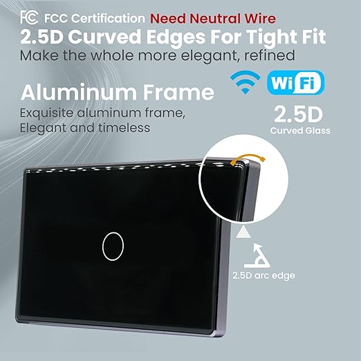 Smart Light Switch,1-Button,Aluminum Frame, Neutral Required,2.4GHz, Tuya Smart Life App,Voice Control,2.5D Curved-Edge Tempered Glass Panel,Black