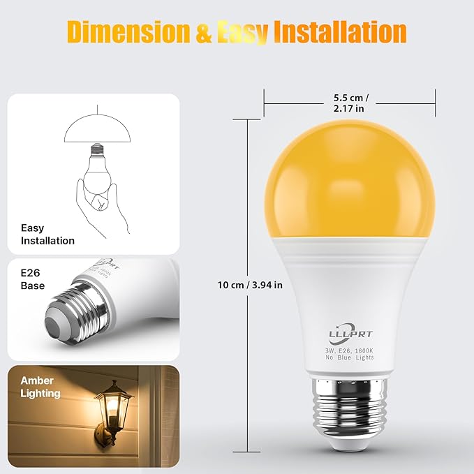 3W LED Amber Light Bulbs, Upgrade to Dimmable,2 Pack 1600K Warm White 180LM Night Lighting, Blue Light Blocking, Energy Saving, 30W Replacement, Sleep Aid E26 Base,for Bedroom,Baby Nursery Room