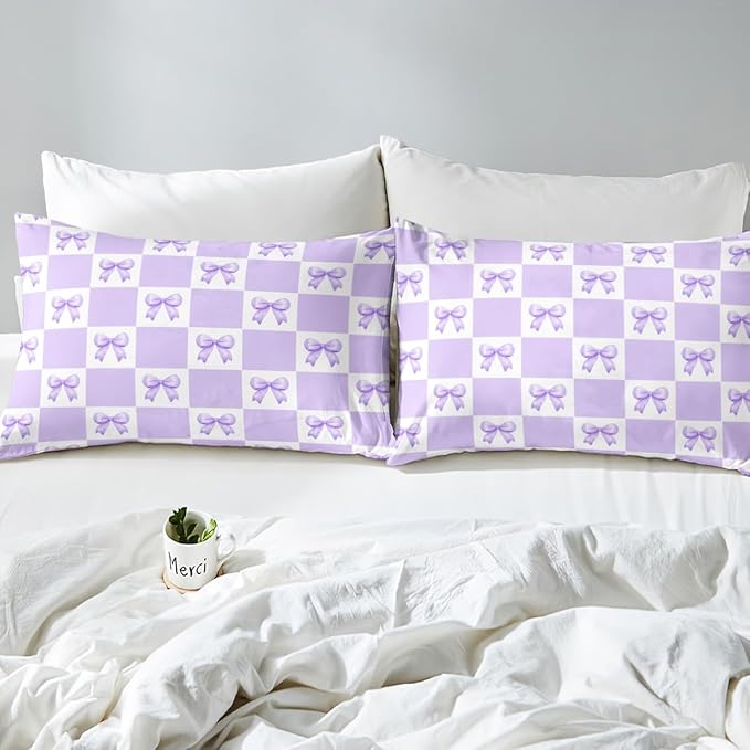 Princess Bowknot Fitted Sheet,Full Size Dreamy Purple Bow-tie Girly Bow Collections,Geometric Grids Plaids Patchwork Purple White Bedding Deep Pocket for Girls Young with 2 Pillowcases