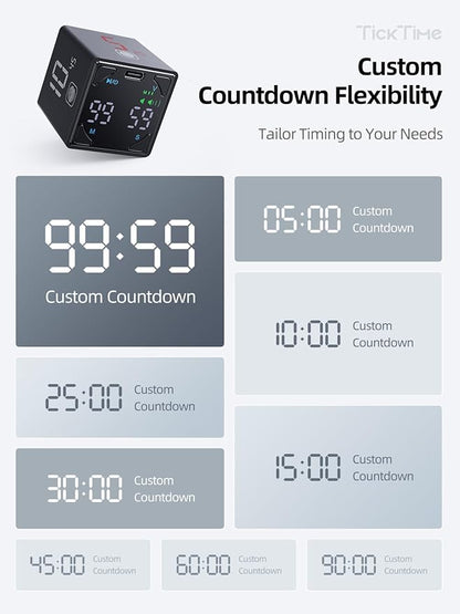 Pomodoro Timer Cube, Productivity Timer, Pause & Resume, Silent, Vibrate & Adjustable Sound Alert, for ADHD, Task, Work, Study, 1/3/5/10/15/25/45/60min & Custom Countdown, Black
