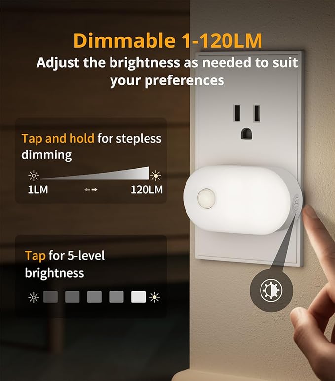 Lyridz Plug in Night Light with Motion Sensor, 120LM Superior Bright Smart Mini LED Nightlight, Cool White with Stepless Adjustable Brightness for Bathroom, Bedroom, Kitchen, Stairs, Hallway, 2 Pack