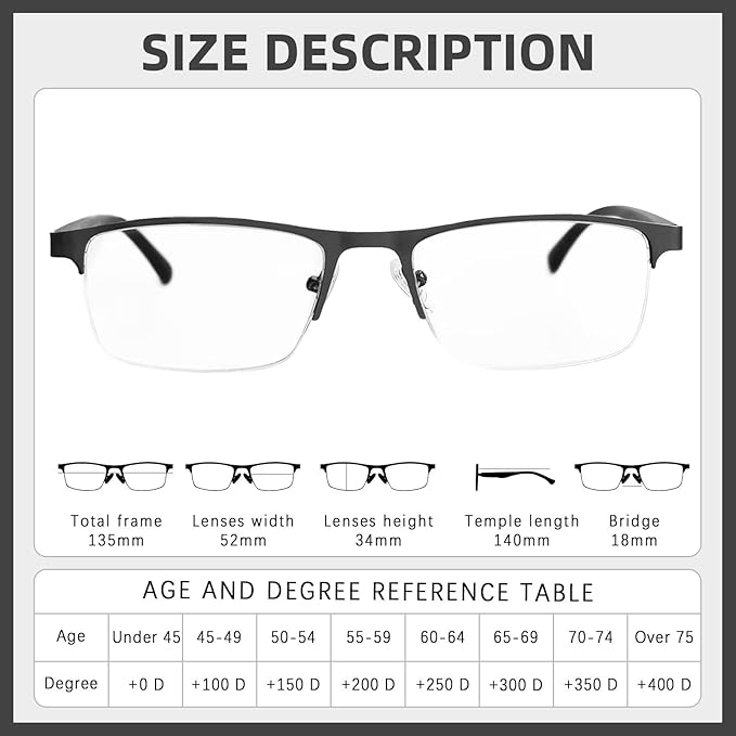 FONHCOO Reading Glasses for Women Men, Blue Light Blocking Reading Glasses Metal Half Frame Computer Readers Anti UV/Glare