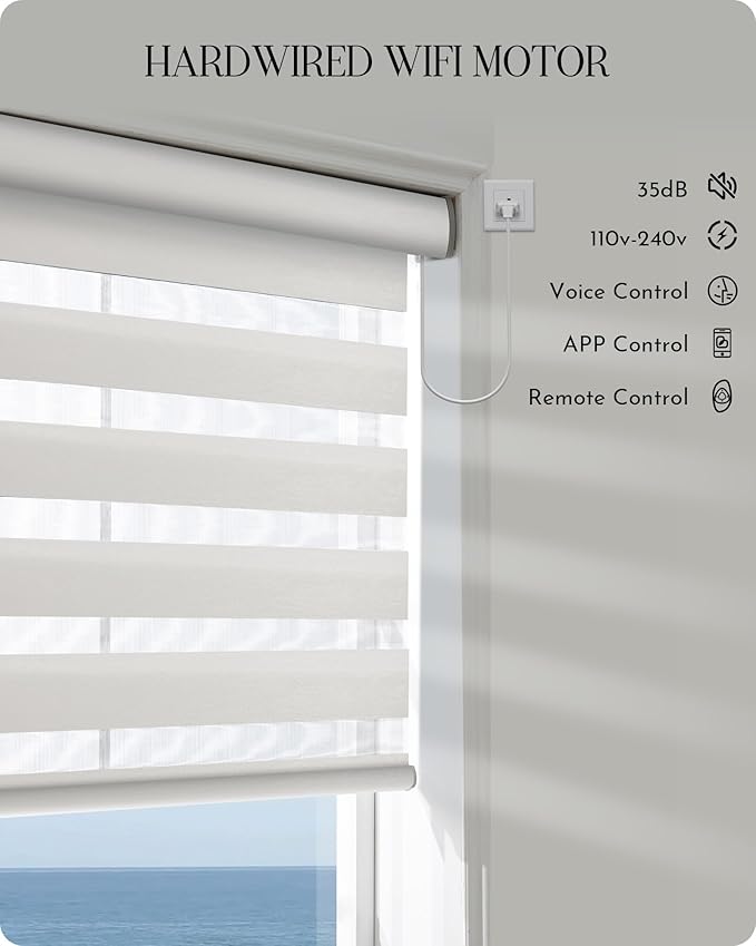 Graywind Motorized Blinds with Remote, Smart Zebra Shades for Windows, Hardwired Roller Blinds Compatible with Apple Homekit, Alexa, Google Home, Custom Size, Wool-Like Light Grey