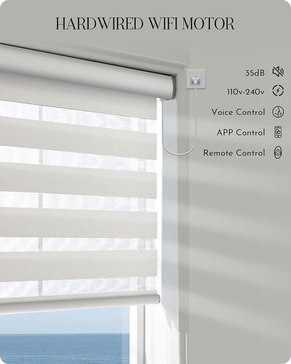Graywind Motorized Blinds with Remote, Smart Zebra Shades for Windows, Hardwired Roller Blinds Compatible with Apple Homekit, Alexa, Google Home, Custom Size, Wool-Like Light Grey