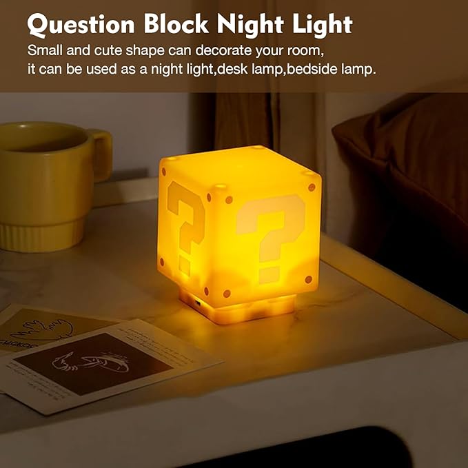 TLAOTNIY Super Bros Mini Question Block Night Lights - USB Powered Bedside Lamp with Game Sound Effects - Gift for Friends & Fans (2Pack)