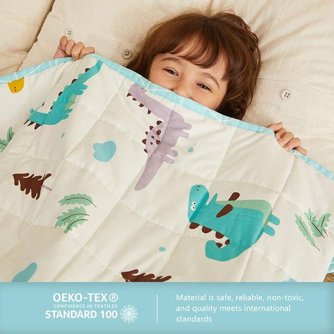 Weighted Idea Cooling Weighted Blanket Kids 10 lbs 41"x60" (100% Cotton, Dinosaur) with Premium Glass Beads