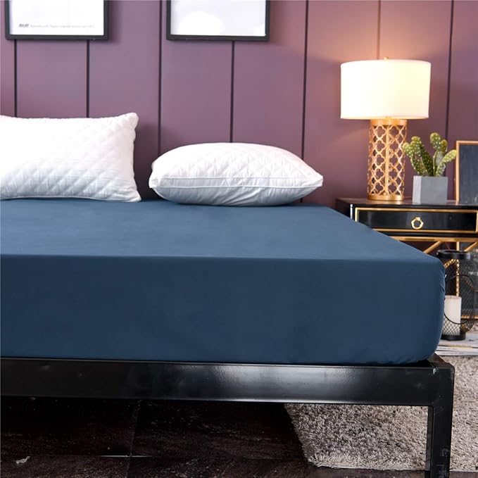 Holawakaka Full Waterproof Mattress Protector Navy Blue Fitted Sheet Breathable Bed Mattress Pad Cover, 14" Deep Pocket (Navy Blue, Full)