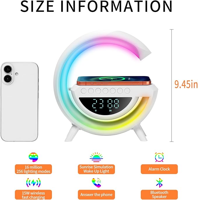 Table Lamp Smart Alarm Clocks Alarm Clocks for Bedrooms White Speaker Wireless Charger Smart Light Sound Machine 9.45 inch Night Light Lamp Sunrise Alarm Clock Restroom Bedroom (Large-Style 3401)