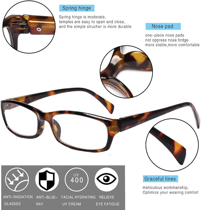 Henotin 5-Pack Reading Glasses Blue Light Blocking Anti Eyestrain Computer Reading Glasses for Women and Men Readers (5 Pack Mix Color, 3.00)