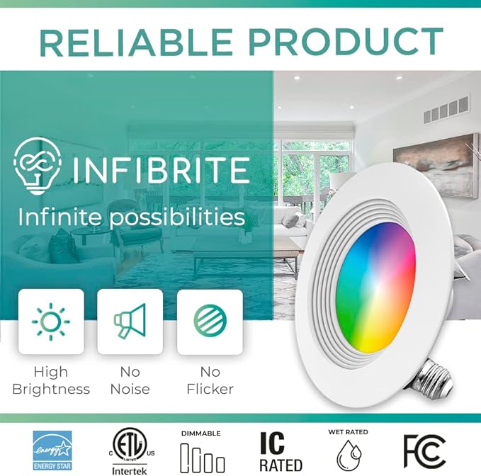 INFIBRITE 5 & 6 Inch Smart Recessed, Color Changing and Tunable White, WiFi Retrofit LED Downlight E26 Base, Compatible with Alexa Google, Dimmable, 1100LM, CRI90, RGBCW, Wet Rated,(IB-004-1-12W-WH)