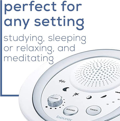 Beurer White Noise Machine, Sound Asleep for Home, Office, Baby Non-Looping Soothing for Relaxation & Portable Travel with Natural Sound Choices & Noise Cancelling, Adjustable Volume, WN50