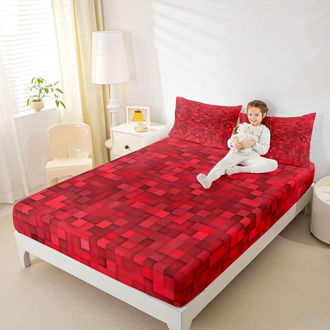 Pixel Grid Kids Twin Size Fitted Sheet,Pixelated Video Game Gamepad Boys Girls Bed Sheets,Geometric Square Gaming Room Decor,Red Bedding Set,1 Pillowcase(No Flat)