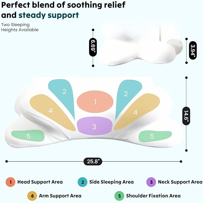 Sweetcrispy Cervical Neck Pillow - Contour Memory Foam Pillow for Neck Pain Relief with Cooling Pillowcase, Ergonomic Orthopedic Support for Side Back Stomach Sleepers, White