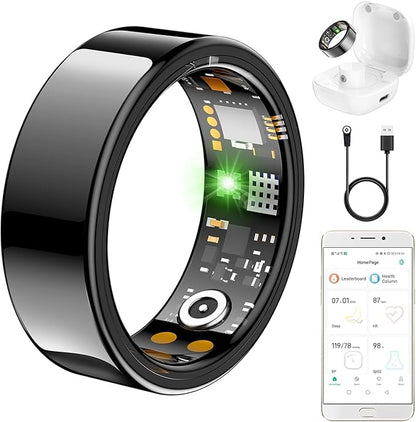 Ring Health Tracker for Women Men, Fit Ring with Heart Rate, Blood Oxygen, Sleep Monitor, Calories, Step Counter, IP68 Waterproof Smart Ring for iPhone & Android, No Subscription Fee (Black, 6#)