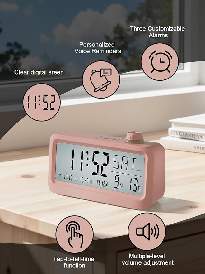 Medication Pill Reminder, RechargeableTalking Alarm Clock with 3 Custom Voice RecordingAlarms, Touch-to-Talk, a Digital Alarm (Clocks Gift forMom/Dad/Seniors/Elderly(Pink)