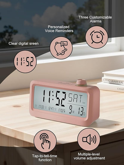 Medication Pill Reminder, RechargeableTalking Alarm Clock with 3 Custom Voice RecordingAlarms, Touch-to-Talk, a Digital Alarm (Clocks Gift forMom/Dad/Seniors/Elderly(Pink)
