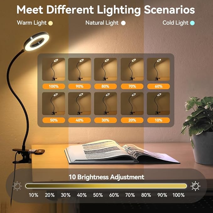Skymore Desk Clip on Light, [3 Color Modes & 10 Brightness] LED Reading Light with Clamp, Flexible Gooseneck Book Light for Kids Reading Book in Bed, Headboard-Black