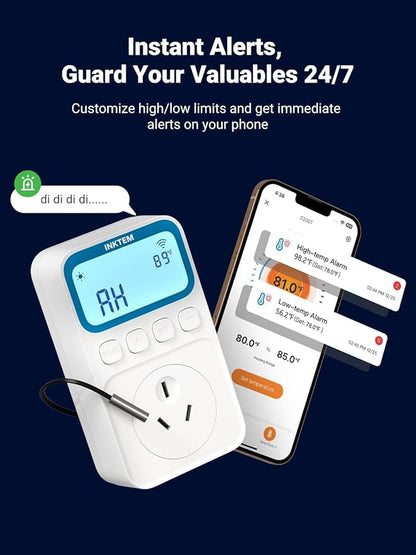 WiFi Temperature Controlled Outlet, Plug in Thermostat Outlet for Space Heater, Duration Timer & Smart Memory Digital Temp Controller, -40℉~212℉, IP67 Waterproof Probe for Incubator, Reptile