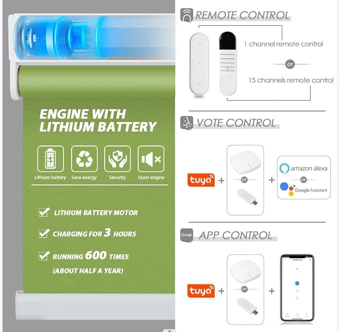 Allesin Motorized Roller Shade Blinds Work with Alexa for Window, Blackout Smart Shades Cordless with Remote Control, Electric Automated Blinds, Customized Size, Lithium Battery Motor(Grass Green)