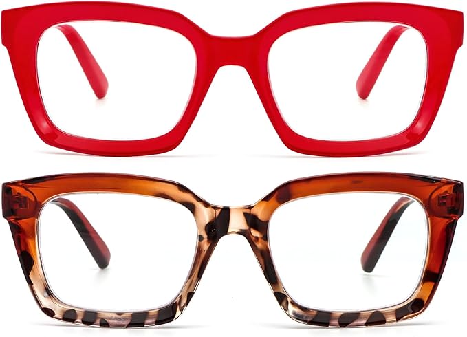 REAVEE 2 Pack Oprah Style Oversized Reading Glasses for Women Men Blue Light Blocking, Ladies Stylish Retro Square Large Computer Readers (Red/Brown Leopard 2.5x)