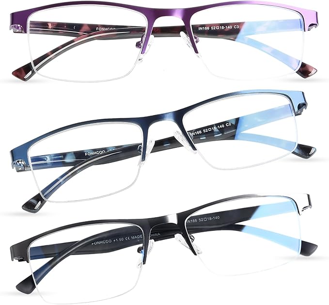 FONHCOO Reading Glasses for Women Men, Blue Light Blocking Reading Glasses Metal Half Frame Computer Readers Anti UV/Glare