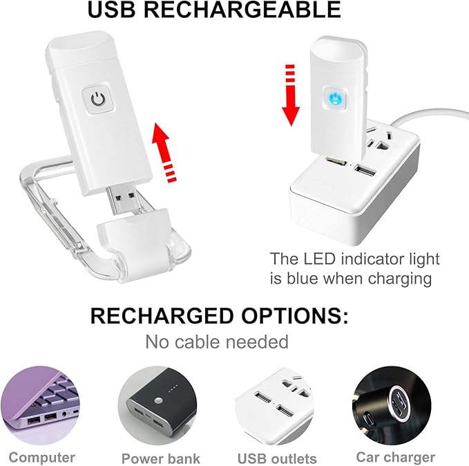 BIGLIGHT Amber Book Reading Light, LED Clip on Book Lights, Reading Lights for Books in Bed, Small Book Light for Kids, USB Rechargeable, 2 Brightness Adjustable for Eye Protection, White