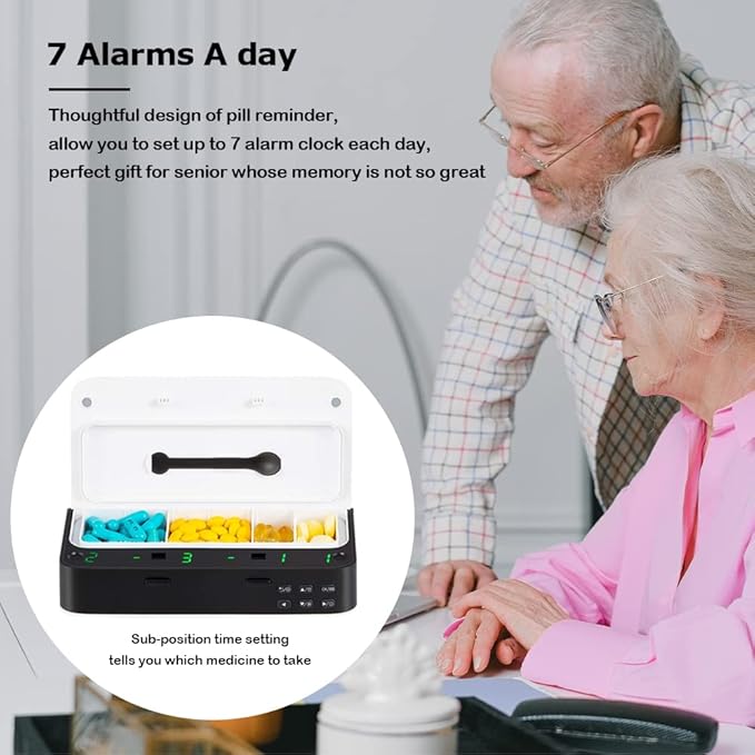 Pill Dispenser with Alarm, Daily Medicine Pill Organizer with up to 7 Alarms A Day,Smart Pill Box 6 Compartments, Pill Reminder for Elderly,White (White)