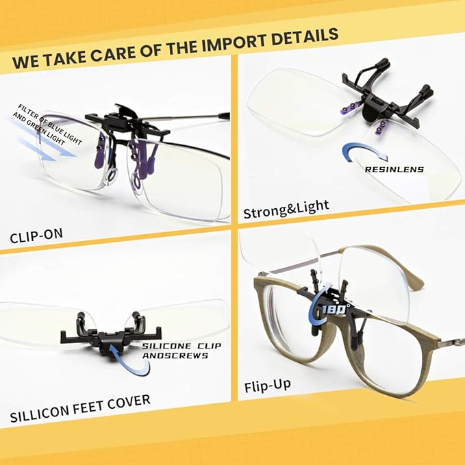 Clip on Blue Light Blocking Glasses for Day & Night Use - Anti Glare, Thin & Lightweight, Compatible with Regular Frames