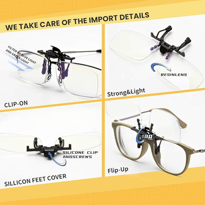 Clip on Blue Light Blocking Glasses for Day & Night Use - Anti Glare, Thin & Lightweight, Compatible with Regular Frames