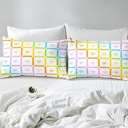 Rainbow Bowknot Fitted Sheet Twin Size,Gradient Colorful Bow-tie Cartoon Princess Bed Sheet with 1 Pillowcase,Geometric Striped Plaids Patchwork Soft Decorative Fabric Bedding,Room Gift