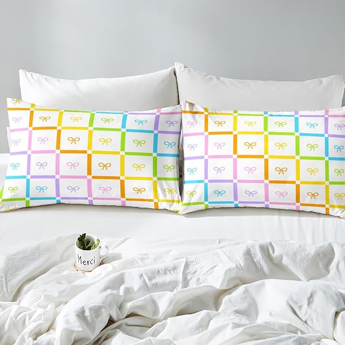 Rainbow Bowknot Bedding Set Full Size,Gradient Colorful Bow-tie Cartoon Princess Fitted Sheet,Geometric Striped Plaids Patchwork Sheet Set for Kids Teens Adults Bedroom Decor,2 Pillowcases
