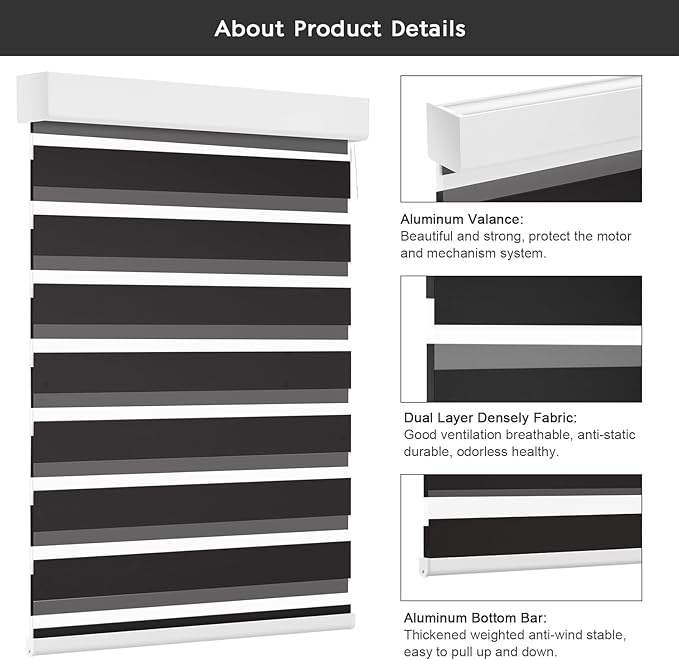 Changshade Custom Motorized Blinds Smart Zebra Roller Shades for Indoor Windows, Blackout Cordless Electric Power Automatic Remote Control Work with Alexa, Google Home, Apple Homekit,Smarthings,Black