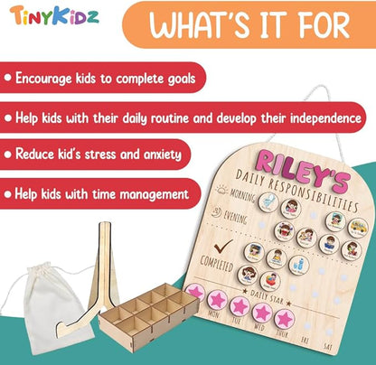 Personalized Wooden Chore Chart for Kids 15x17", Visual Schedule, Routine Chart for Kids, Morning Bedtime Routine Chart for Toddlers Ages 2-4, Daily Kids Schedule Board for Home (11)